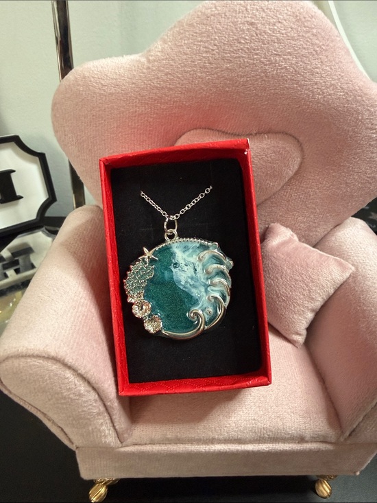 None Jewelry - Teal Wave Pendant Necklace with Crystal Accents